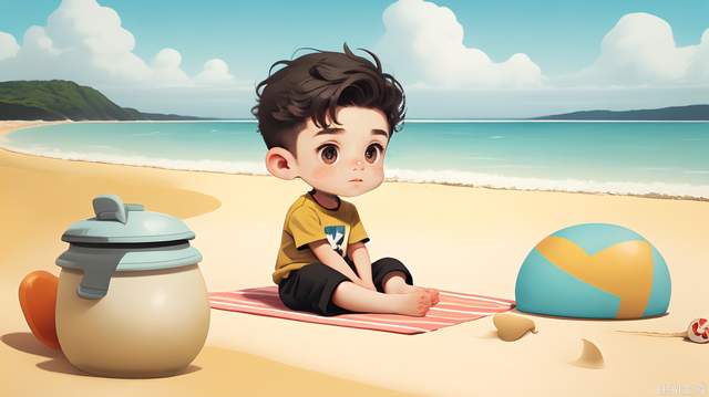 a young boy siting on beach