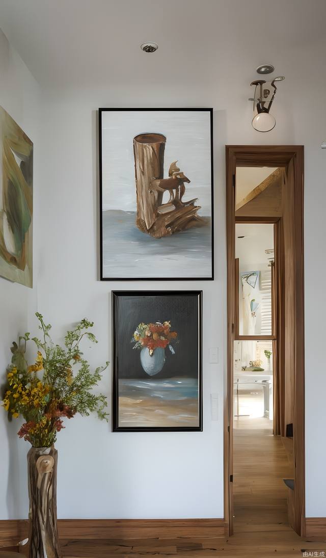 White walls, log cabinets with a painting and a vase on them