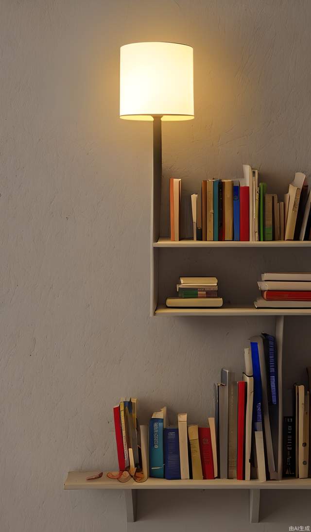 Against the wall is a round table with a lamp and three books on it