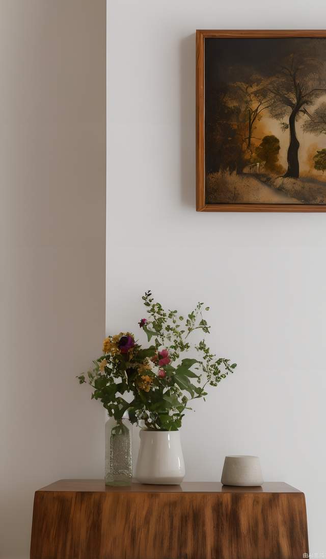 On the white wall, there is only a log-colored cabinet with a painting and a vase on it.