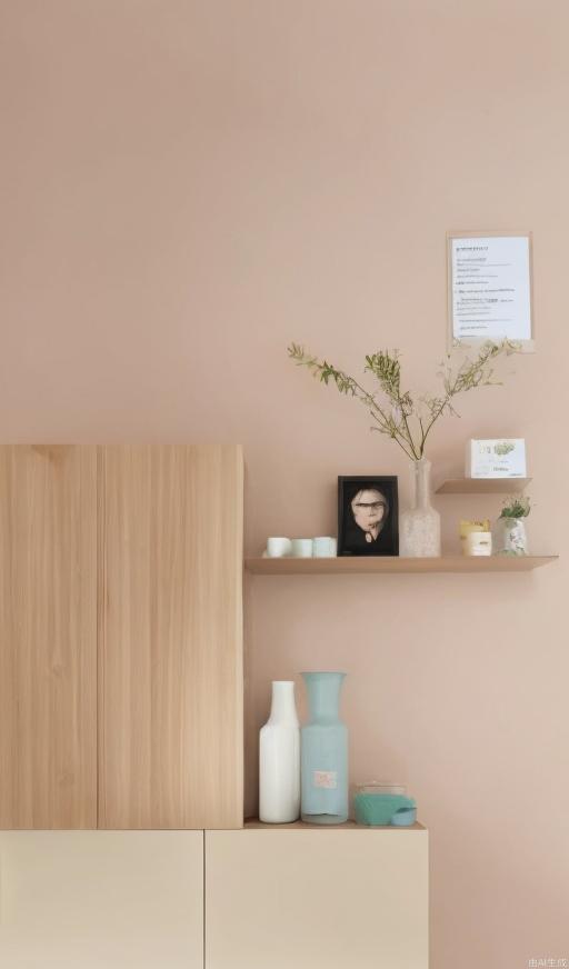 Milk tea-colored wall, milk tea-colored cabinet, with a painting and a vase on the cabinet