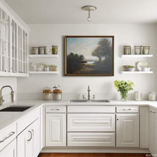 White walls, white cabinets with a painting and a vase on the cabinets