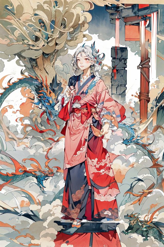 oriental dragon, wash in k, color splashing, auspicious clouds, complex patterns, beautiful, masterpiece, 4K, (best quality:1.5)