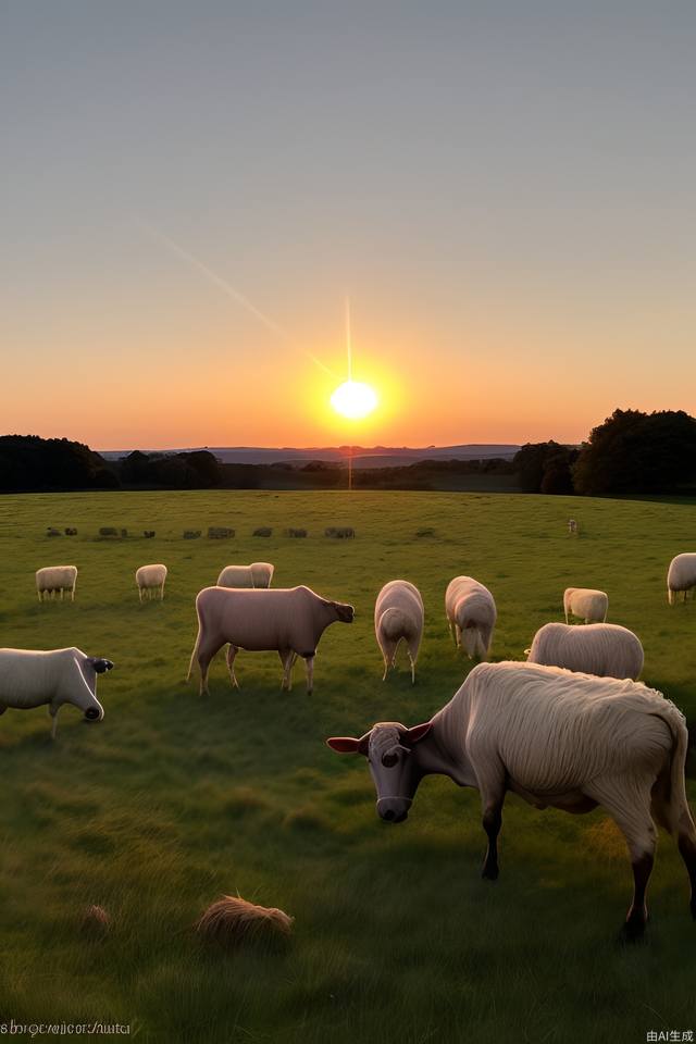 Under the setting sun, on a wide grassland, herds of cattle and sheep are grazing