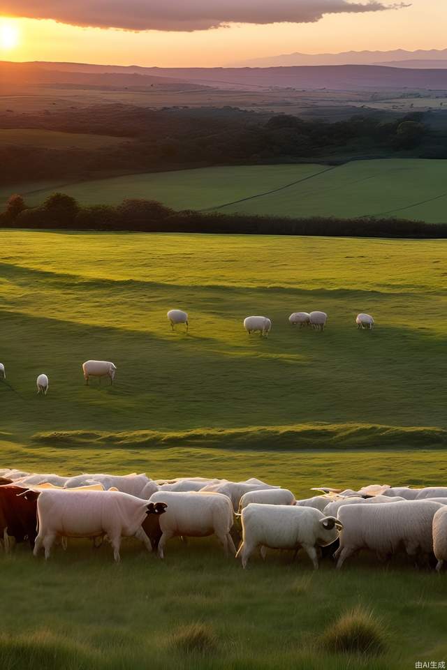 Under the setting sun, on a wide grassland, herds of cattle and sheep are grazing