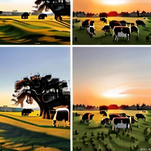 Under the setting sun, on a wide grassland, herds of cattle and sheep are grazing