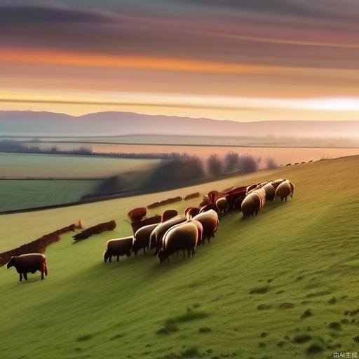 Under the setting sun, on a wide grassland, herds of cattle and sheep are grazing