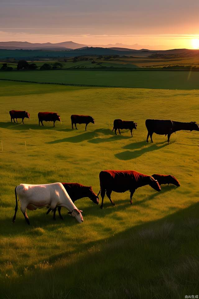 Under the setting sun, on a wide grassland, herds of cattle and sheep are grazing