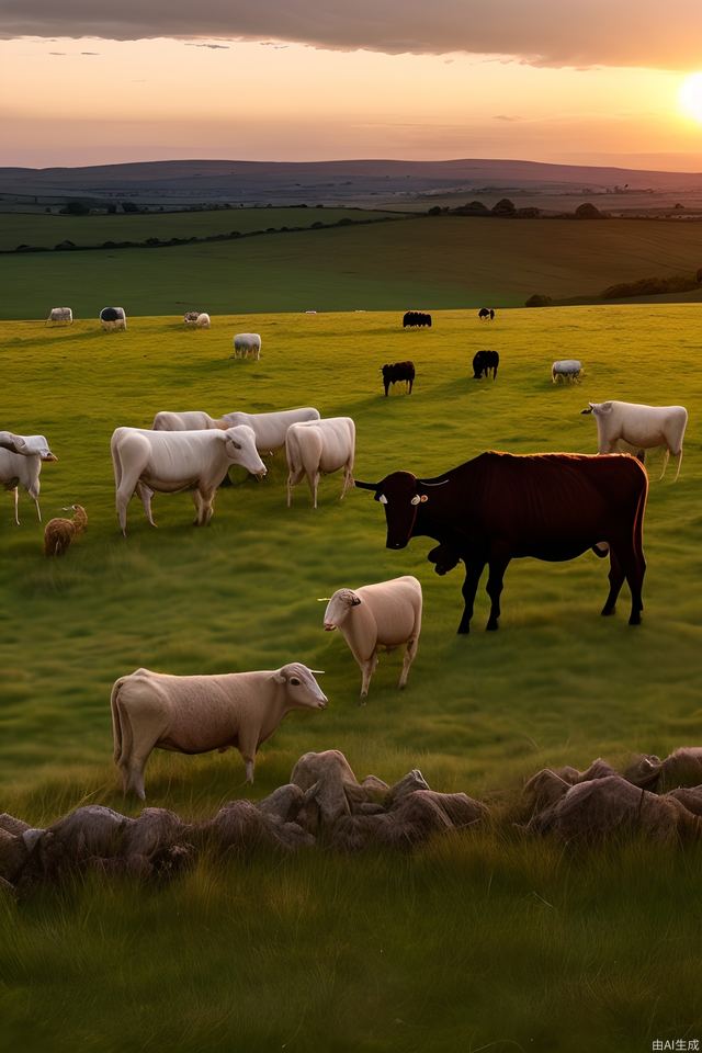 Under the setting sun, on a wide grassland, herds of cattle and sheep are grazing