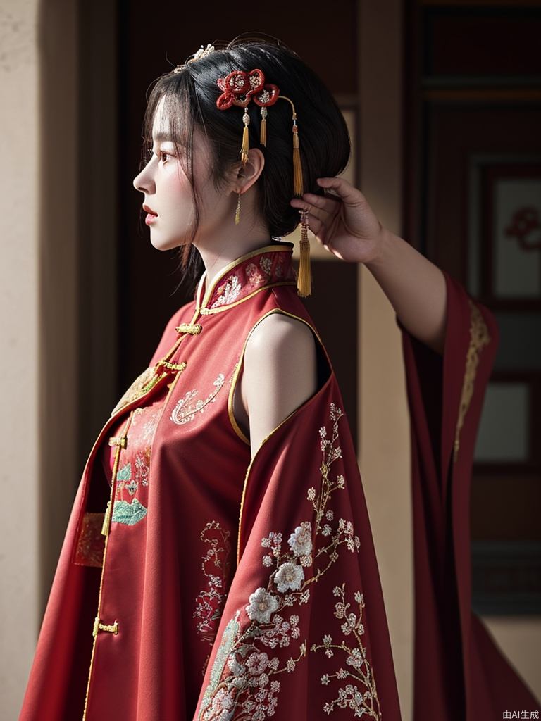 中国风古装，手里戴着发饰的女子肩上的红色