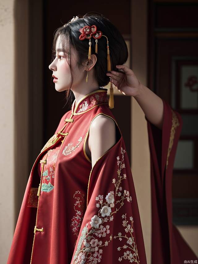 Chinese style ancient costume, red embroidered cape with floral patterns and pearl embellishments on the shoulders of women wearing hair ornaments in their hands, side profile photography, high-definition details, high resolution. --ar 9:16 --style raw --stylize 250