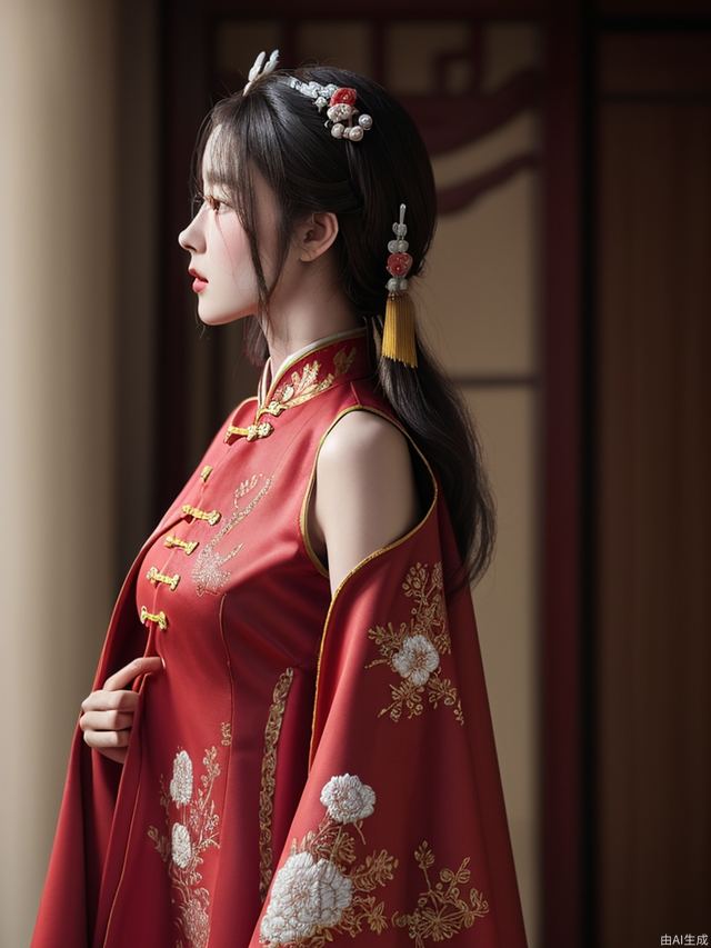 Chinese style ancient costume, red embroidered cape with floral patterns and pearl embellishments on the shoulders of women wearing hair ornaments in their hands, side profile photography, high-definition details, high resolution. --ar 9:16 --style raw --stylize 250