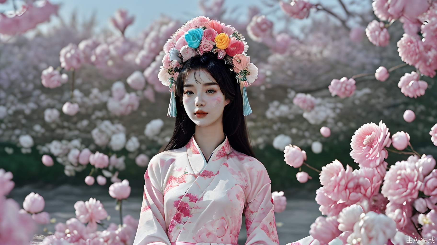 一个美丽的中国女孩，一头黑发，穿着汉服
