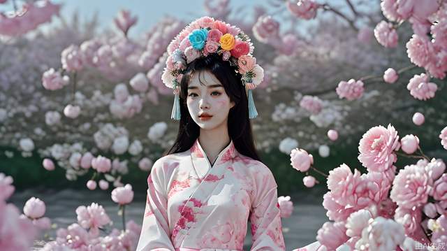 A beautiful Chinese girl with black hair, wearing Hanfu and exquisite makeup, surrounded by flowers, exuding an ethereal aura. Her face is adorned with colorful floral headpieces, and she stands in front of blooming pink peonies, creating a charming scene. in the style of a Chinese artist. --ar 35:22
