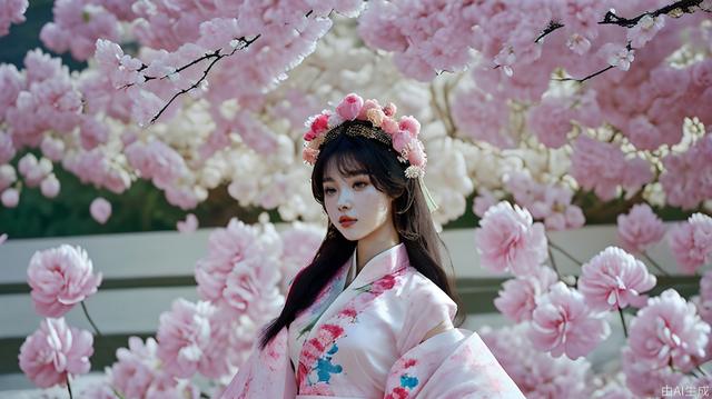 A beautiful Chinese girl with black hair, wearing Hanfu and exquisite makeup, surrounded by flowers, exuding an ethereal aura. Her face is adorned with colorful floral headpieces, and she stands in front of blooming pink peonies, creating a charming scene. in the style of a Chinese artist. --ar 35:22
