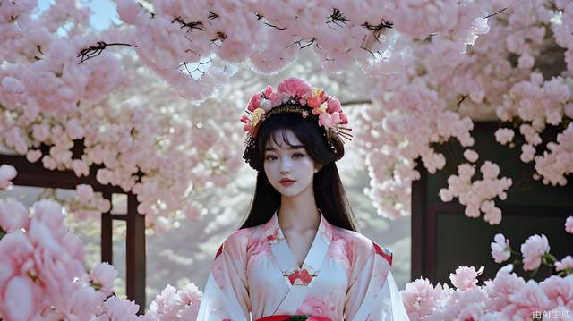 A beautiful Chinese girl with black hair, wearing Hanfu and exquisite makeup, surrounded by flowers, exuding an ethereal aura. Her face is adorned with colorful floral headpieces, and she stands in front of blooming pink peonies, creating a charming scene. in the style of a Chinese artist. --ar 35:22
