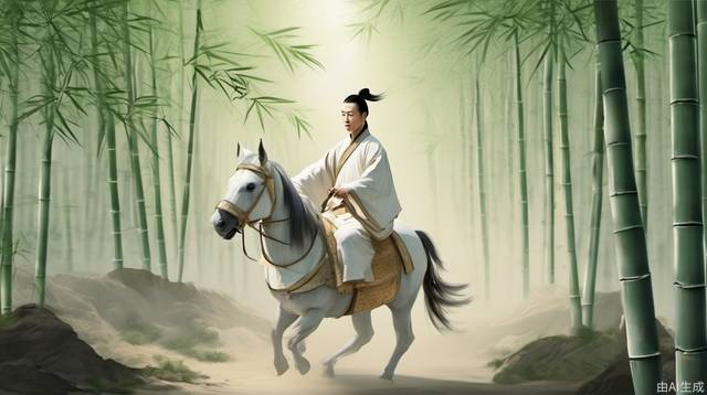 Ancient Chinese style, juvenile, Tang Dynasty, white Tang suit, carrying a sword, riding a horse, walking in the bamboo forest