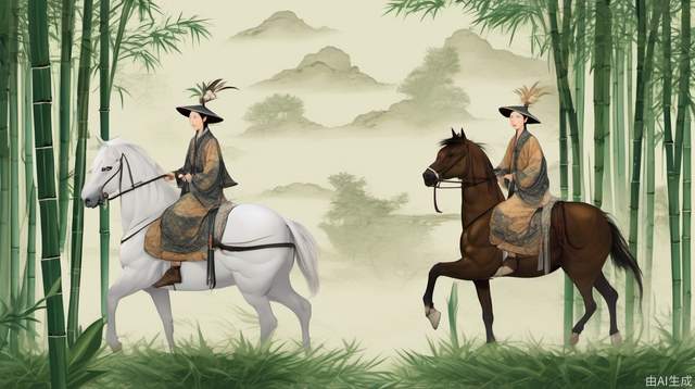 Ancient Chinese style, juvenile, Tang Dynasty, white Tang suit, carrying a sword, riding a horse, walking in the bamboo forest