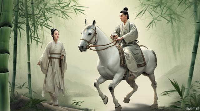 Ancient Chinese style, juvenile, Tang Dynasty, white Tang suit, carrying a sword, riding a horse, walking in the bamboo forest