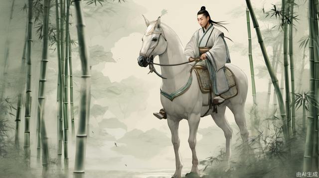 Ancient Chinese style, juvenile, Tang Dynasty, white Tang suit, carrying a sword, riding a horse, walking in the bamboo forest