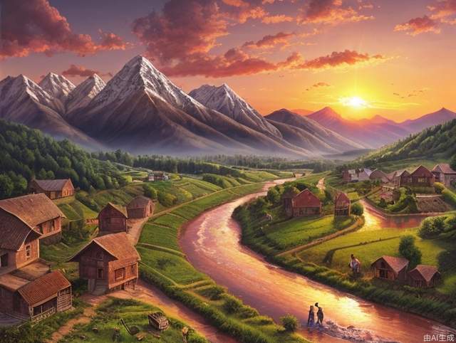 Mountains, sunset, sunset, farmland, villages, rivers, children playing, high quality, rich details