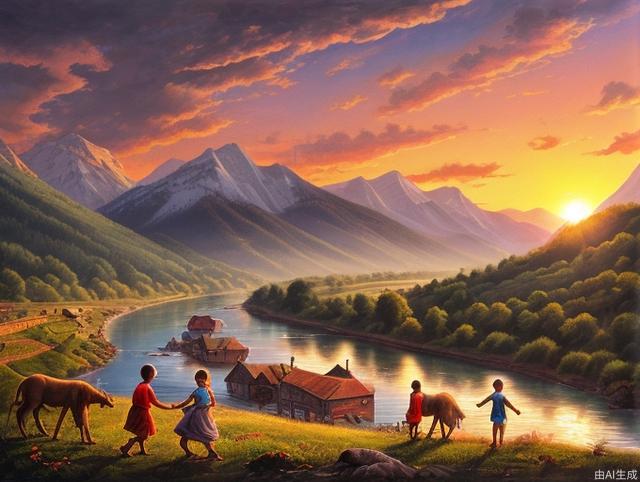 Mountains, sunset, sunset, farmland, villages, rivers, children playing, high quality, rich details