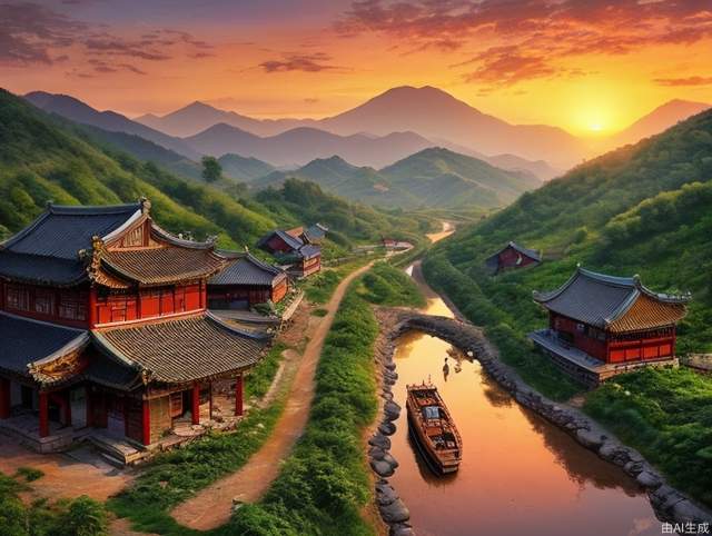 Chinese countryside, mountains, sunsets, sunsets, farmland, villages, rivers, children's play, high quality, rich details