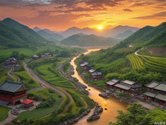 Chinese countryside, mountains, sunsets, sunsets, farmland, villages, rivers, children's play, high quality, rich details