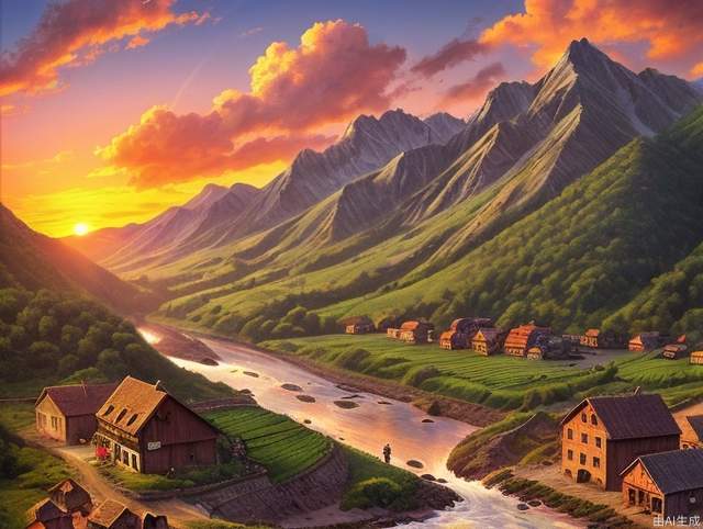 Mountains, sunset, sunset, farmland, villages, rivers, children playing, high quality, rich details