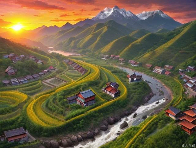 Chinese countryside, mountains, sunsets, sunsets, farmland, villages, rivers, children's play, high quality, rich details