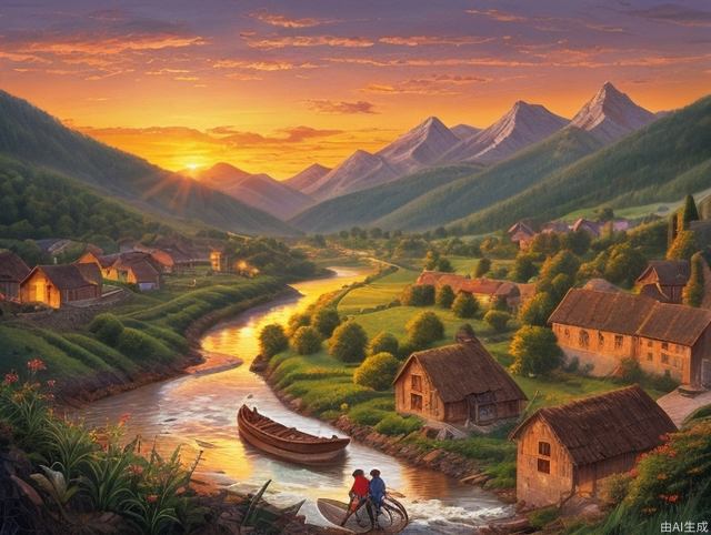 Mountains, sunset, sunset, farmland, villages, rivers, children playing, high quality, rich details