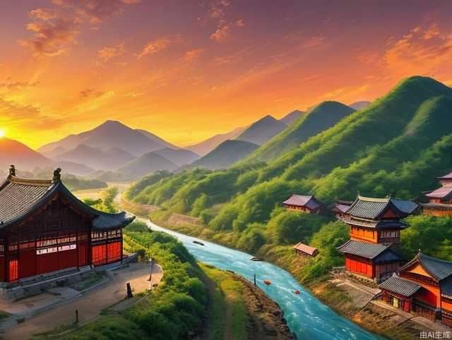 Chinese countryside, mountains, sunsets, sunsets, farmland, villages, rivers, children's play, high quality, rich details