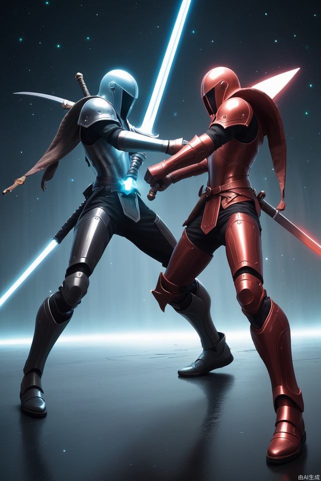 Two pedestrian weapons fight with glowing swords in the universe