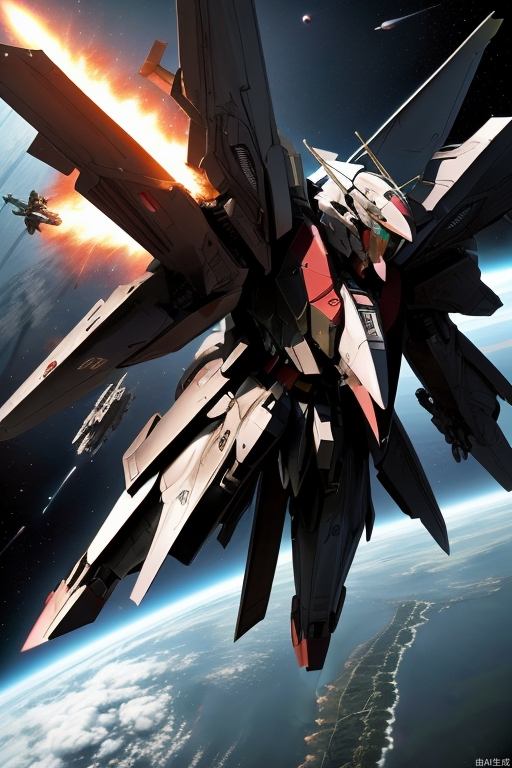 A man flying a fighter jet is battling a Liberty Gundam in space, and the missile fired by the fighter jet is destroyed by the Gundam with a plankton gun