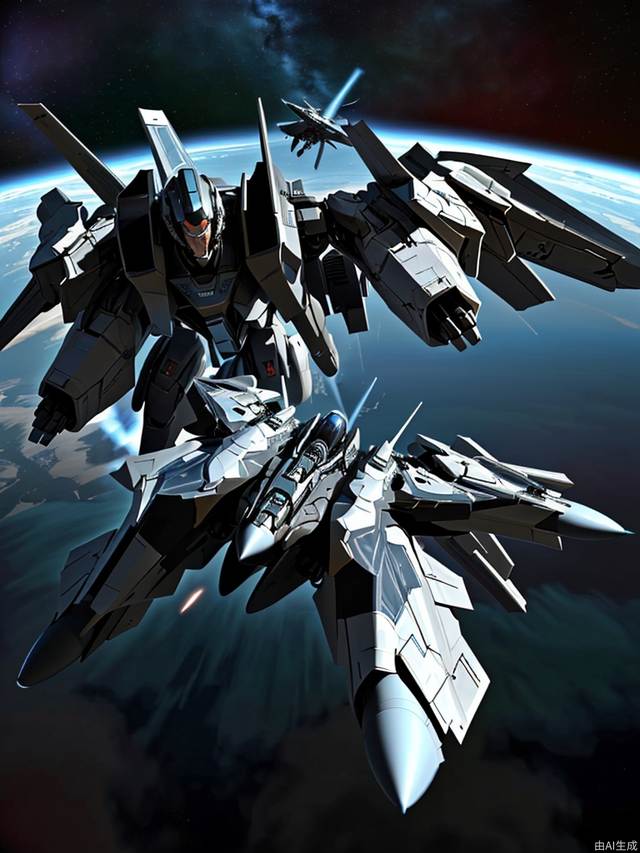 A man flying a fighter jet fights a heavy sci-fi mech in space