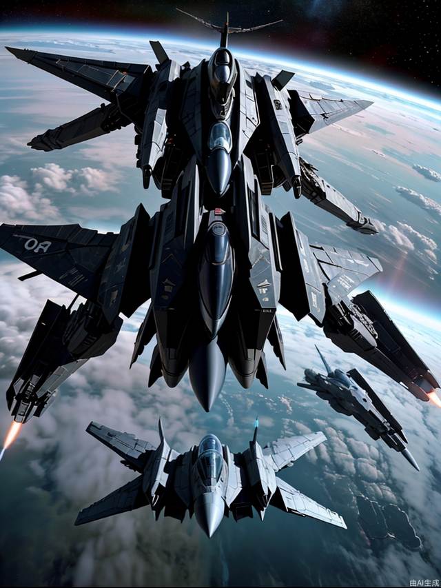 A man flying a fighter jet fights a heavy sci-fi mech in space