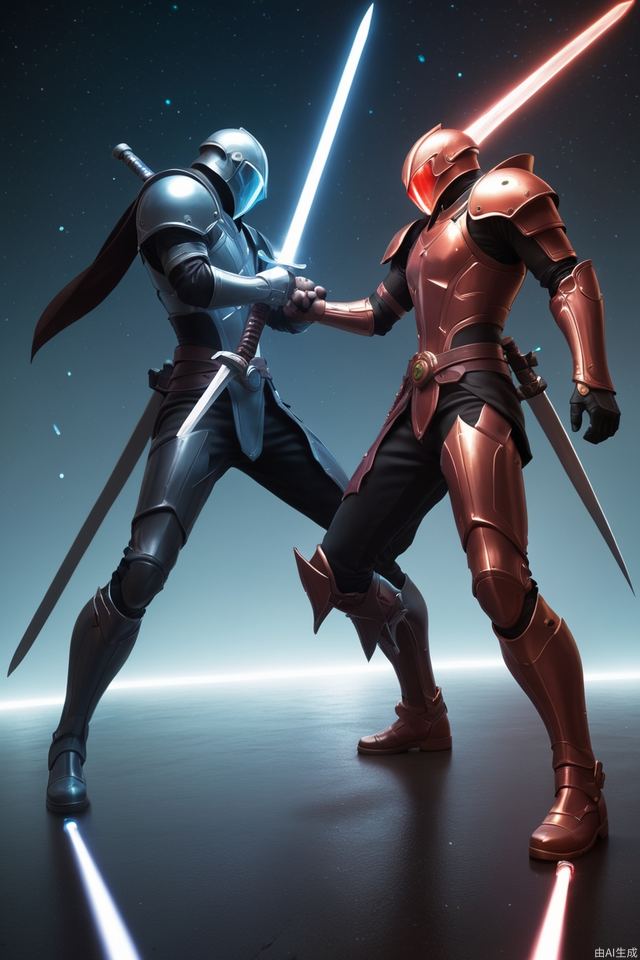 Two pedestrian weapons fight with glowing swords in the universe