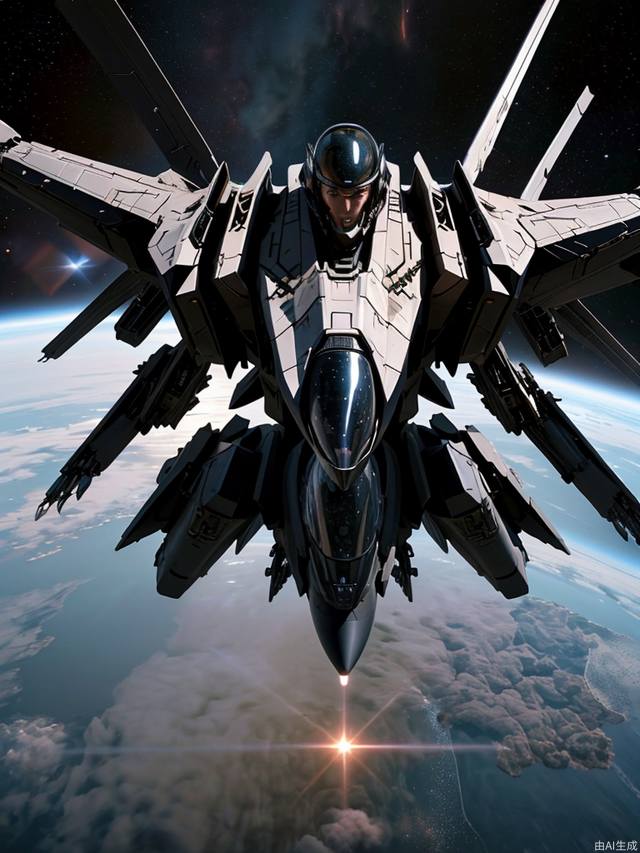 A man flying a fighter jet fights a heavy sci-fi mech in space