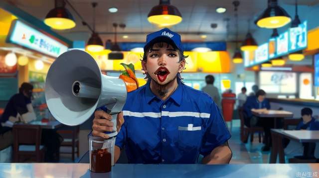 The clerk stands behind a table in front of the restaurant, yelling with a megaphone, lifelike. Male, perfectly proportioned face, convenience store uniform, hand to mouth, cafeteria, soft lighting, Rembrandt, full body, best quality, surreal