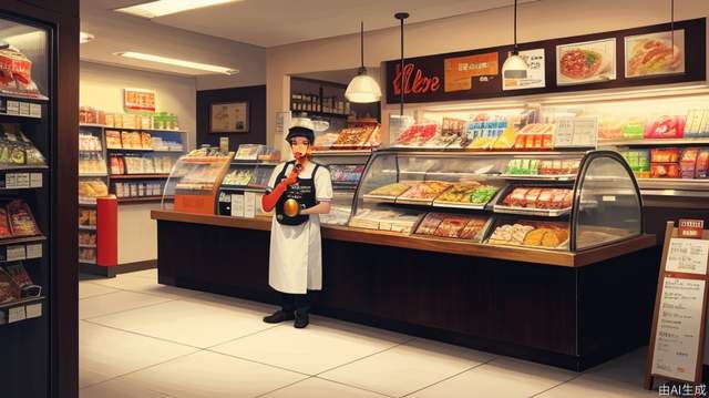 The clerk stands behind a table in front of the restaurant, yelling with a megaphone, lifelike. Male, perfectly proportioned face, convenience store uniform, hand to mouth, cafeteria, soft lighting, Rembrandt, full body, best quality, surreal