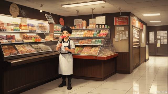 The clerk stands behind a table in front of the restaurant, yelling with a megaphone, lifelike. Male, perfectly proportioned face, convenience store uniform, hand to mouth, cafeteria, soft lighting, Rembrandt, full body, best quality, surreal