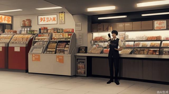 The clerk stands behind a table in front of the restaurant, yelling with a megaphone, lifelike. Male, perfectly proportioned face, convenience store uniform, hand to mouth, cafeteria, soft lighting, Rembrandt, full body, best quality, surreal