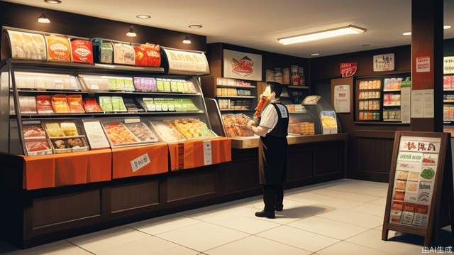 The clerk stands behind a table in front of the restaurant, yelling with a megaphone, lifelike. Male, perfectly proportioned face, convenience store uniform, hand to mouth, cafeteria, soft lighting, Rembrandt, full body, best quality, surreal