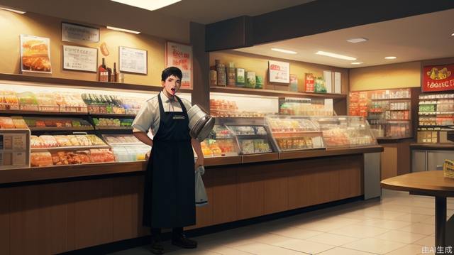 The clerk stands behind a table in front of the restaurant, yelling with a megaphone, lifelike. Male, perfectly proportioned face, convenience store uniform, hand to mouth, cafeteria, soft lighting, Rembrandt, full body, best quality, surreal