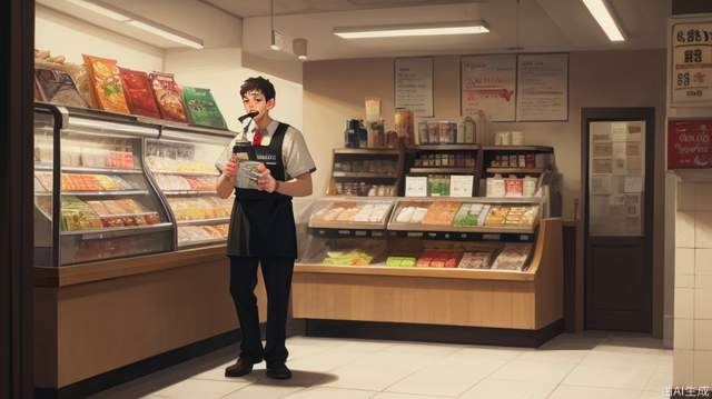 The clerk stands behind a table in front of the restaurant, yelling with a megaphone, lifelike. Male, perfectly proportioned face, convenience store uniform, hand to mouth, cafeteria, soft lighting, Rembrandt, full body, best quality, surreal