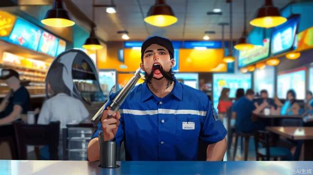 The clerk stands behind a table in front of the restaurant, yelling with a megaphone, lifelike. Male, perfectly proportioned face, convenience store uniform, hand to mouth, cafeteria, soft lighting, Rembrandt, full body, best quality, surreal