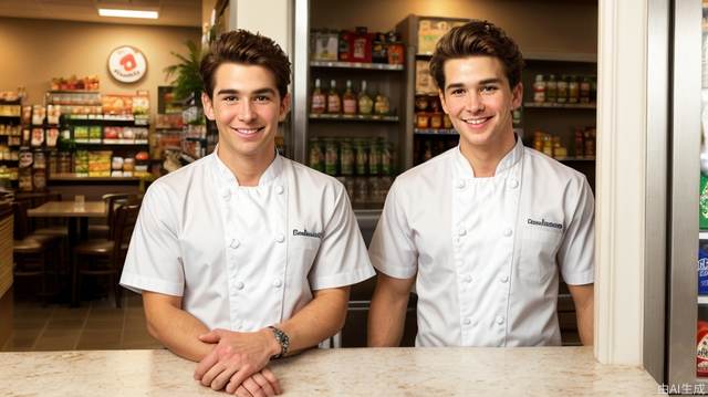 The clerk stood behind the table in front of the restaurant door, yelling through the loudspeaker, medium-sized camera, lifelike. male , perfectly proportioned face , convenience store uniforms , hand to mouth , cafeteria , soft lighting , Rembrandt , full body , best quality , hyperrealistic