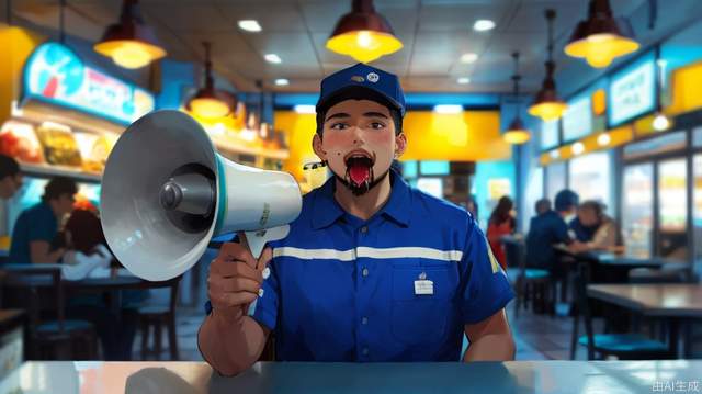 The clerk stands behind a table in front of the restaurant, yelling with a megaphone, lifelike. Male, perfectly proportioned face, convenience store uniform, hand to mouth, cafeteria, soft lighting, Rembrandt, full body, best quality, surreal