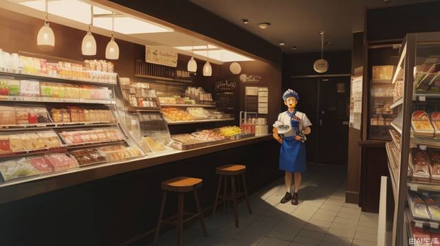 The clerk stands behind a table in front of the restaurant, yelling with a megaphone, lifelike. Male, perfectly proportioned face, convenience store uniform, hand to mouth, cafeteria, soft lighting, Rembrandt, full body, best quality, surreal