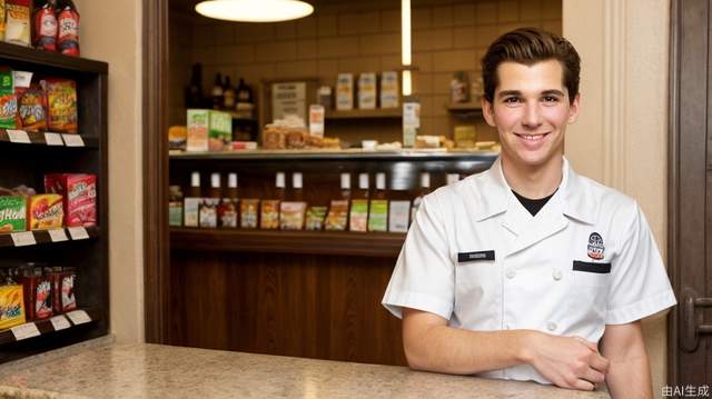 The clerk stood behind the table in front of the restaurant door, yelling through the loudspeaker, medium-sized camera, lifelike. male , perfectly proportioned face , convenience store uniforms , hand to mouth , cafeteria , soft lighting , Rembrandt , full body , best quality , hyperrealistic